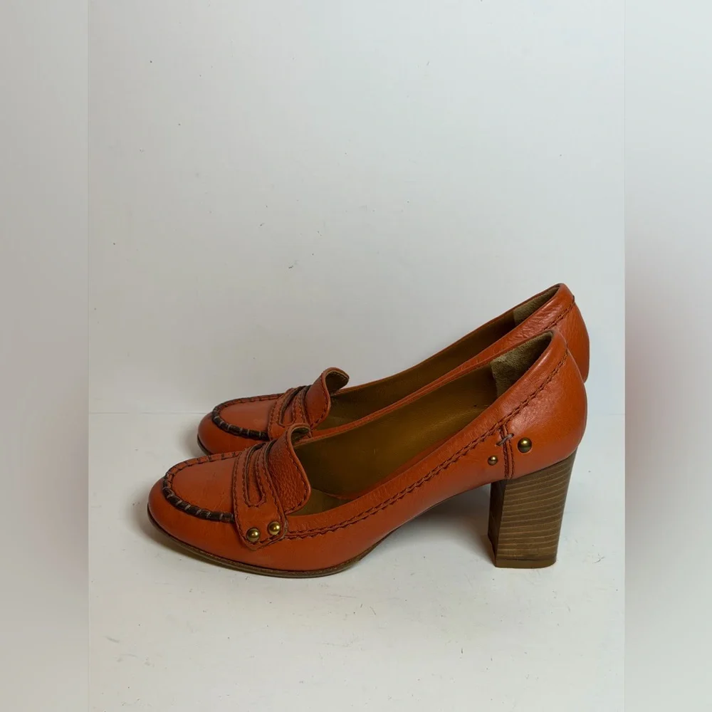 Chloe Orange Leather Pumps Block Heel Penny Loafers Size 37